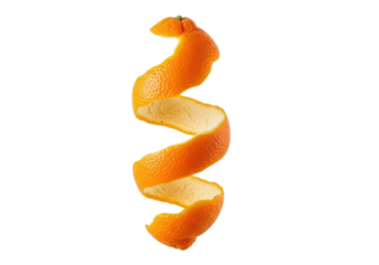Two vibrant orange citrus peels, meticulously detailed with textured surfaces and crisp edges, gracefully spiraling downwards against a transparent background, concept for beverage advertising