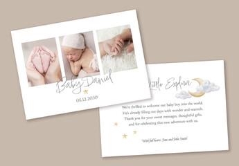 Baby thank you card template with watercolor moon, clouds and stars, printable greeting for newborn celebration