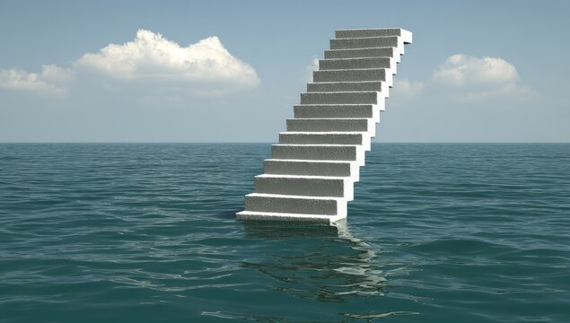 Concrete steps ascend from the sea into a pale blue sky