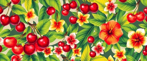 Obraz premium Tropisches nahtloses Muster mit roten Kirschen, grünen Palmenblättern und Hibiskusblüten in kräftigen Sommerfarben.