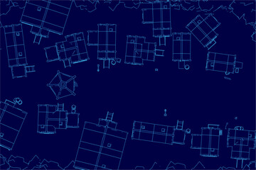 A medieval-style house blueprint on a blue background displays detailed architectural contours and layout. The environment features precise linework, showcasing rooms and structural elements.