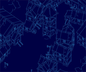 A medieval town blueprint features a grid of uniquely designed houses with detailed contours on a blue background. The white structures contrast sharply against the vibrant backdrop.