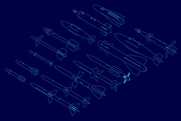 A symmetrical collection of white rocket contour drawings overlaps on a vibrant blue background. The missiles form an orderly pattern with clean outlines.