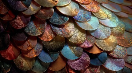 Close-up of shimmering, multicolored scales with iridescent quality, creating a beautiful and vibrant texture.