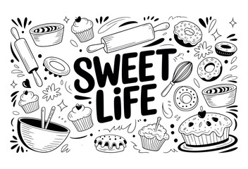 Vibrant monochrome illustration celebrating a sweet life with baking joy, featuring cupcakes, donuts, pies, pastries, rolling pin, whisk, spoon, bowl, and charming kitchen whimsy