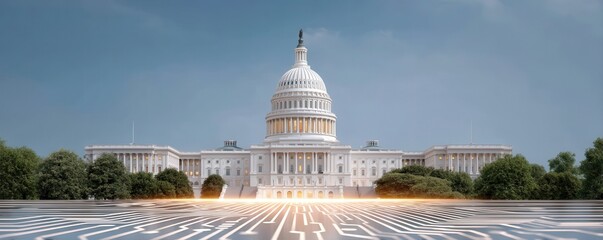 Fototapeta premium Capitol building with intricate landscaping and a clear blue sky backdrop.