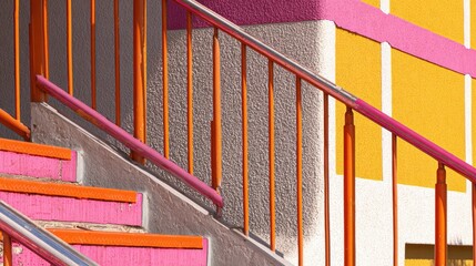 Vibrant exterior stairs with colorful railings.