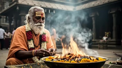 Elderly Man Performing Religious Ceremony Near Burning Flames In A Temple Complex
