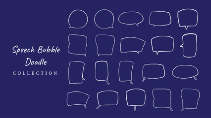 Simple hand drawn speech bubble illustration set vector on blue background. Set of simple hand drawn doodle speech bubbles in various sizes and shapes. Doodle speech bubble set on blue background