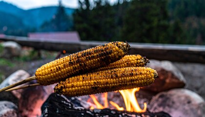 Three grilled corn cobs on sticks over an open fire, with a blurred mountain background