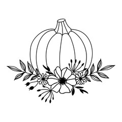Pumpkin and Fall Flowers Line Drawing