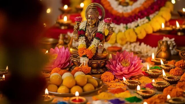 Golden Laxmi Statue Amidst Diyas and Flowers in a Festive Diwali Decoration with Colorful Powder and Traditional Sweets on a Table