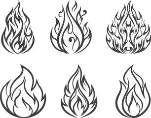 Hand drawn fire flame icon set vector illustration, simple black and white line art, minimalist flame symbol collection, clean design for heat, energy, and warning projects