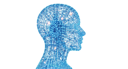 Glowing blue abstract human head profile, side view, constructed from illuminated lines and nodes with sharp contours, digital circuit-like appearance, against transparent studio background with soft