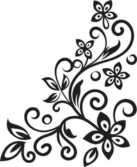 Hand drawn floral corner design vector illustration, simple black and white line art, minimalist decorative botanical element, clean design for invitations, stationery, and ornamental projects