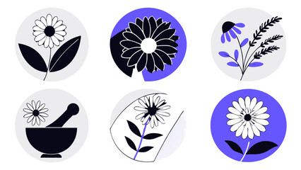Charming Floral Icons with Botanical Elements and Mortar Pestle