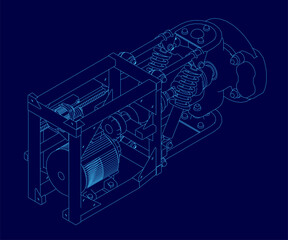 A detailed blueprint of a modular winch features an electric motor and suspension system on a blue background. The contour lines highlight precise engineering and mechanical components.