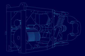 A detailed blueprint of a modular winch features an electric motor and suspension system on a blue background. The contour lines highlight precise engineering and mechanical components.