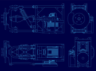 A detailed blueprint of a modular compressor on a blue background highlights its electric motor and suspension components. The contour lines emphasize the machine's precise engineering and functional.