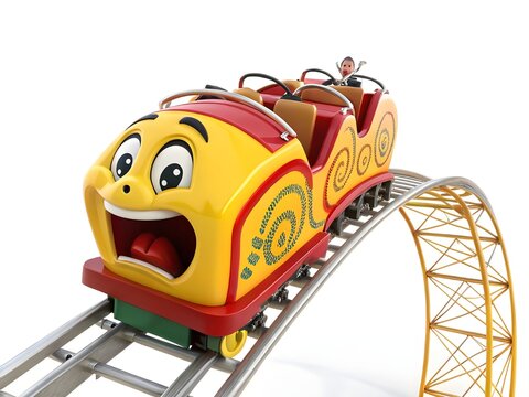 Cartoon roller coaster train with happy face on track