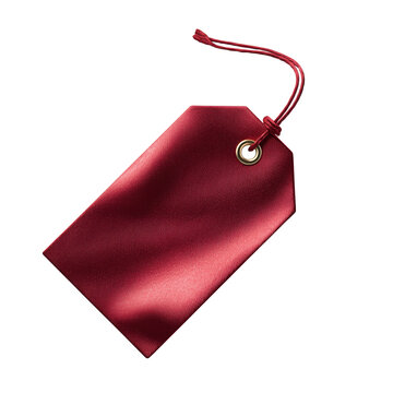 Elegant red satin tag with string, isolated on white background, perfect for gifts, luxury packaging, or decorative purposes.
