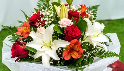 Vibrant bouquet of roses, lilies, and alstroemeria