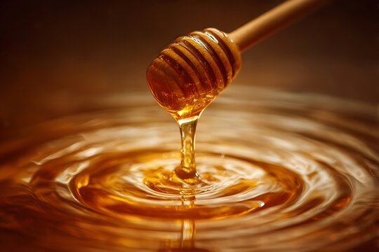 Golden honey dripping from wooden dipper into rippling surface