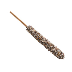 A cylindrical bird treat made from compressed seeds on a stick, used for bird feeding or pet supplies and nutrition.
