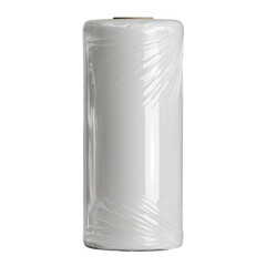 A cylindrical roll of transparent plastic film wrap, used for packaging, storage, or industrial sealing purposes, on a white background.
