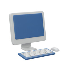 Fototapeta premium 3D Render of Blue and White Desktop Computer with Keyboard and Mouse on Transparent Background