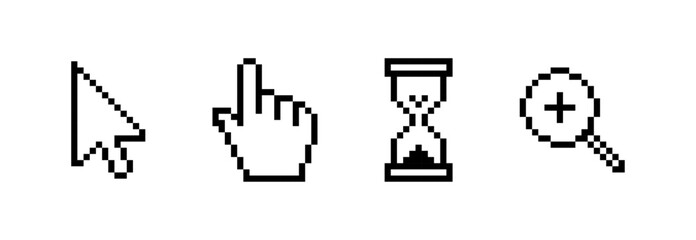 Pixelated Cursor icons, set of four black icons including a mouse arrow, hand pointer, sand-filled hourglass, and magnifying glass with plus sign, all in minimal retro 8-bit style on white background.