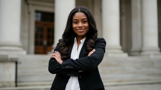 Confident businesswoman with arms crossed in front of a courthouse