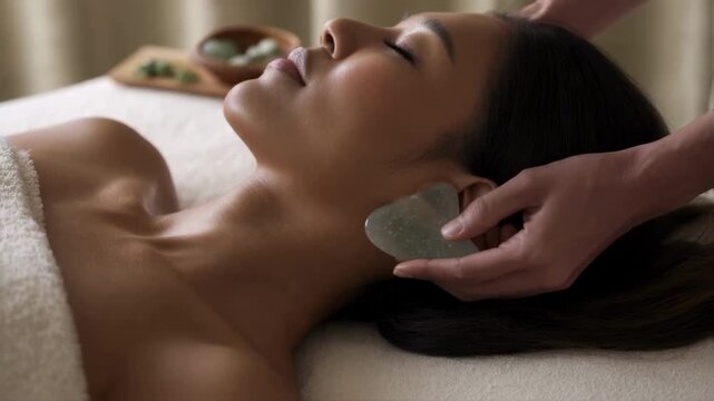 Woman receiving a relaxing gua sha facial massage from a therapist in a spa, a beauty treatment for skin rejuvenation, lymphatic drainage and promoting holistic wellness