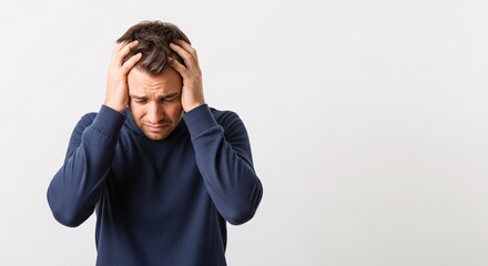 Stressed man holding head in hands, feeling overwhelmed and experiencing anxiety against white background