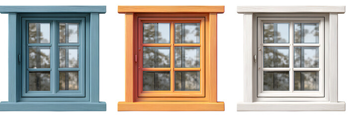 Set of three large window frames in different colors isolated on white background
