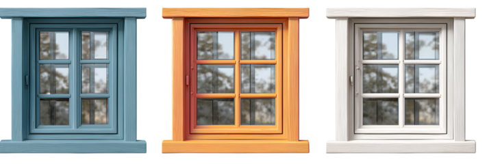 Set of three large window frames in different colors isolated on white background