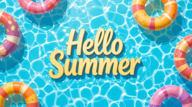 Colorful summer pool water background with floaties and Hello Summer text. Vector illustration for banners, cards, posters.