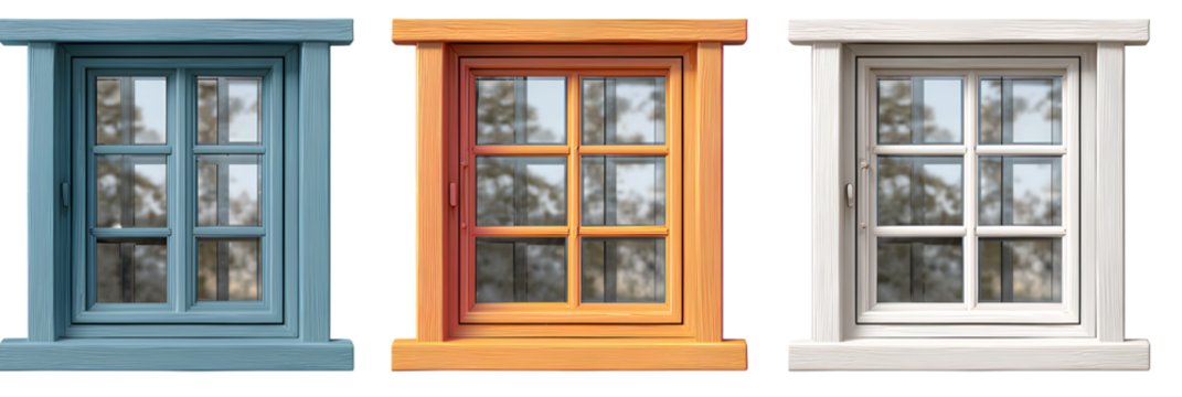 Set of three large window frames in different colors isolated on white background