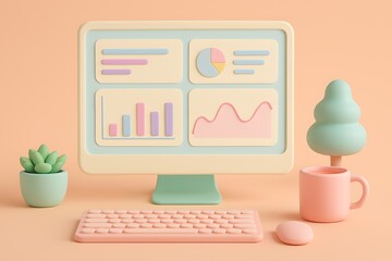 Stylized computer workstation with pastel graphics evokes calm productivity and data visualization.