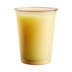Cold sugarcane juice served in a clear disposable plastic cup, showing its golden color and refreshing texture.
