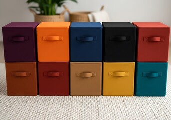 Colorful fabric storage boxes neatly arranged on a shelf