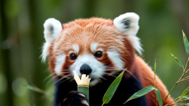 Adorable Red Panda Enjoying Bamboo