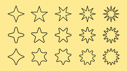Star sparkle outline doodle set vector. Hand drawn star glitter sparks outline. Sparkle and starburst icons. Glittering spark star outline shapes. Shiny line firework star outline icon. Sparkle star