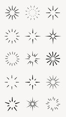 Star sparkle doodle set vector. Starburst icon set. Sparkle star firework icons. Sunburst and starburst icons. Star sparkle and starburst icon vector set. Starburst firework symbol for logo.