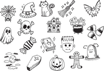 Fototapeta premium Collection of Halloween themed doodles includes witch hat black cat broomstick bat spider web ghost skull haunted house cauldron candy spell book Frankenstein monster tombstone coffin pumpkin
