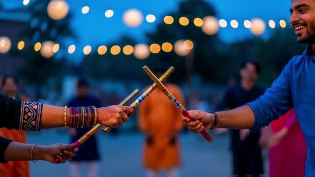 Close-up of people performing the dandiya raas dance with sticks during Navratri celebrations, a vibrant scene of Indian culture, community, and festive traditions at night