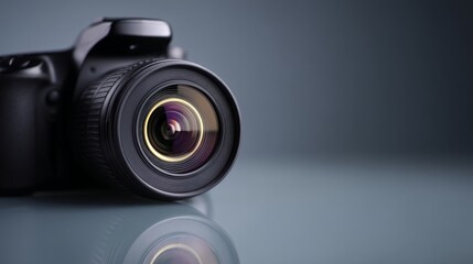 Closeup of a professional camera lens with reflective highlights, detailed glass elements, circular aperture blades, shallow depth of field, dark neutral background, emphasizing highquality photograp