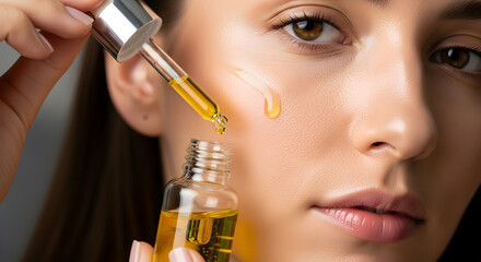 Fototapeta premium Woman Applying Golden Face Serum with Dropper