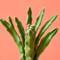 Fototapeta premium Cactus green colored on coral background. Minimalism. Contemporary Art gallery Style. Creative fashion concept. Close-up tropical fashionable plant, pastel color