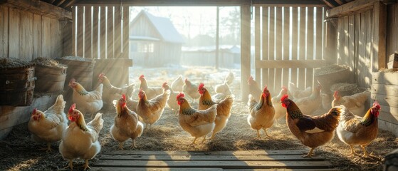 Soft morning light bathes a rustic chicken coop. Lively hens roam as sunbeams filter through wooden slats, a natural farm aesthetic.